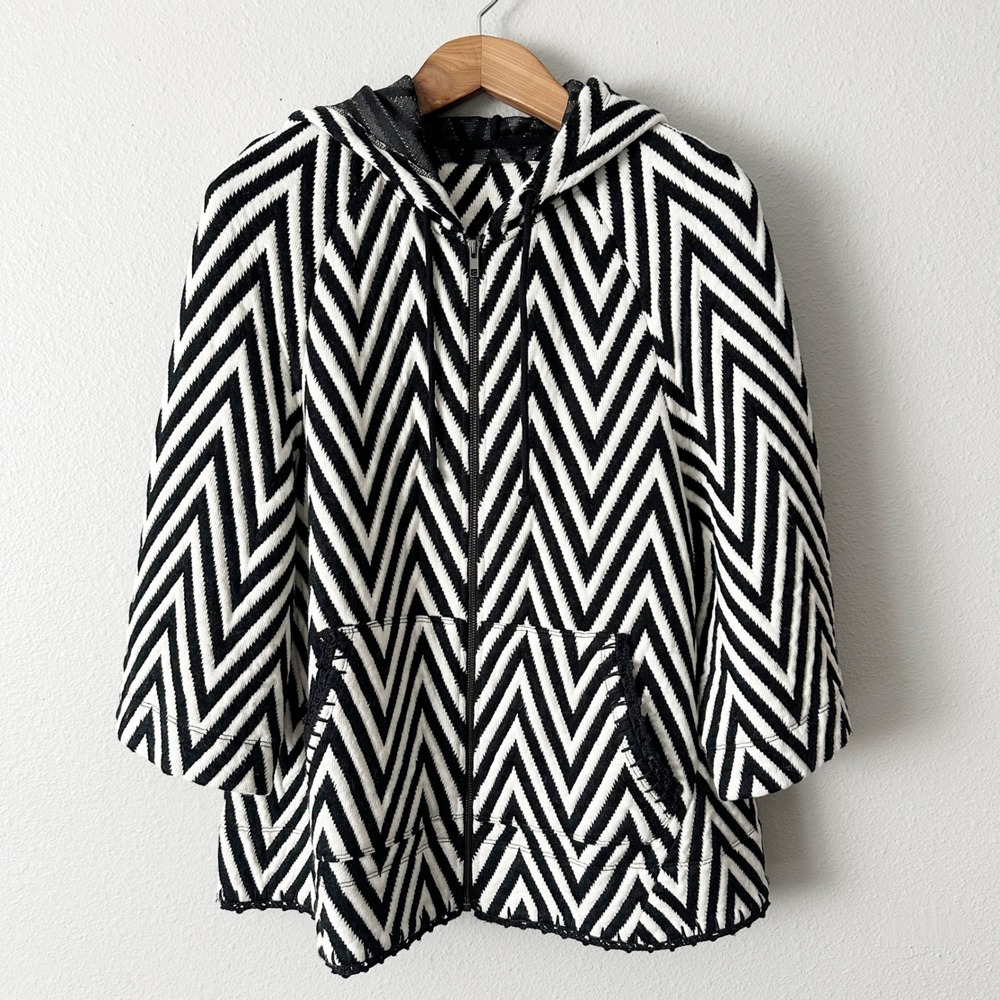 Evy's Tree Black White Chevron Knit Full Zip 3/4 Sleeve Hoodie Size Large